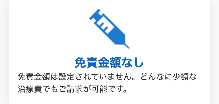 百
免責金額なし
免責金額は設定されていません。 どんなに少額な
治療費でもご請求が可能です。
