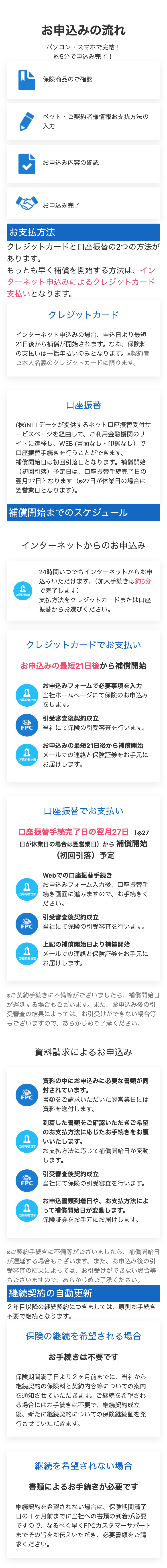 お申込みの流れ
パソコン・スマホで完結!
約5分で申込み完了!
保険商品のご確認
ペット・ご契約者様情報お支払方法の
入力
お申込み内容の確認
お申込み完了
お支払方法
クレジットカードと口座振替の2つの方法が
あります。
もっとも早く補償を開始する方法は、 イン
ターネット申込みによるクレジットカード
支払いとなります。
クレジットカード
インターネット申込みの場合、 申込日より最短
21日後から補償が開始されます。 なお、 保険料
の支払いは一括年払いのみとなります。 ※契約者
ご本人名義のクレジットカードに限ります。
口座振替
(株)NTTデータが提供するネット口座振替受付サ
ービスページを経由して、 ご利用金融機関のサ
イトに遷移し、 WEB (書面なし・印鑑なし)で
口座振替手続きを行うことができます。
補償開始日は初回引落日となります。 補償開始
(初回引落)予定日は、口座振替手続完了日の
翌月27日となります (※27日が休業日の場合は
翌営業日となります)。
補償開始までのスケジュール
インターネットからのお申込み
ご契約者さま
24時間いつでもインターネットからお申
込みいただけます。 (加入手続きは約5分
で完了します)
支払方法をクレジットカードまたは口座
振替からお選びください。
クレジットカードでお支払い
お申込みの最短21日後から補償開始
1
ご契約者さま
FPC
ご契約者さま
お申込みフォームで必要事項を入力
当社ホームページにて保険のお申込み
をします。
引受審査後契約成立
当社にて保険の引受審査を行います。
お申込みの最短21日後から補償開始
メールでの連絡と保険証券をお手元に
お届けします。
口座振替でお支払い
口座振替手続完了日の翌月27日 (27
日が休業日の場合は翌営業日) から補償開始
(初回引落) 予定
Webでの口座振替手続き
お申込みフォーム入力後、口座振替手
ご契約者さま 続き画面に進みますので、お手続きく
FPC
ご契約者さま
ださい。
引受審査後契約成立
当社にて保険の引受審査を行います。
上記の補償開始日より補償開始
メールでの連絡と保険証券をお手元に
お届けします。
※ご契約手続きに不備等がございましたら、 補償開始日
が遅延する場合もございます。 また、 お申込み後の引
受審査の結果によっては、お引受けができない場合等
もございますので、あらかじめご了承ください。
資料請求によるお申込み
FPC
ご契約者さま
FPC
8
ご契約者さま
資料の中にお申込みに必要な書類が同
封されています。
書類をご請求いただいた翌営業日には
資料を送付します。
到着した書類をご確認いただきご希望
のお支払方法に応じたお手続きをお願
いいたします。
お支払方法に応じて補償開始日が変動
します。
引受審査後契約成立
当社にて保険の引受審査を行います。
お申込書類到着日や、 お支払方法によ
って補償開始日が変動します。
保険証券をお手元にお届けします。
※ご契約手続きに不備等がございましたら、 補償開始日
が遅延する場合もございます。 また、 お申込み後の引
受審査の結果によっては、 お引受けができない場合等
もございますので、あらかじめご了承ください。
継続契約の自動更新
2年目以降の継続契約につきましては、原則お手続き
不要で継続となります。
保険の継続を希望される場合
お手続きは不要です
保険期間満了日より2ヶ月前までに、当社から
継続契約の保険料と契約内容等についての案内
を通知させていただきます。 ご継続を希望され
る場合にはお手続きは不要で、継続契約成立
後、新たに継続契約についての保険継続証を発
行させていただきます。
継続を希望されない場合
書類によるお手続きが必要です
継続契約を希望されない場合は、保険期間満了
日の1ヶ月前までに当社への書類の到着が必要
ですので、なるべく早くFPCカスタマーサポート
までその旨をお伝えいただき、必要書類をご請
求ください。