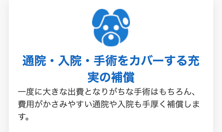 通院・入院・手術をカバーする充
実の補償
一度に大きな出費となりがちな手術はもちろん、
費用がかさみやすい通院や入院も手厚く補償しま
す。