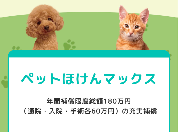ペットほけんマックス
年間補償限度総額180万円
(通院・入院・手術各60万円)の充実補償