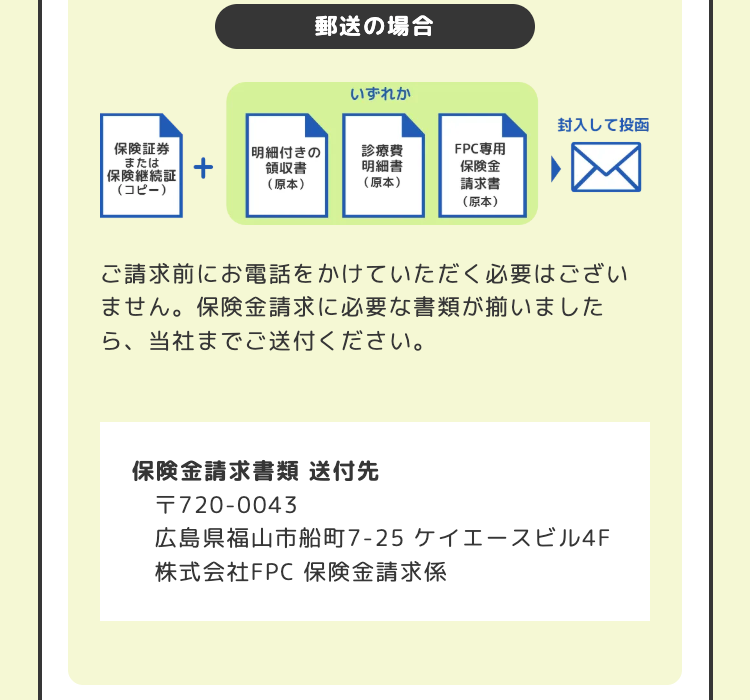 郵送の場合
いずれか
封入して投函
保険証券
または
明細付きの
領収書
診療費
明細書
FPC専用
保険金
|保険継続証
(コピー)
(原本)
(原本)
請求書
(原本)
ご請求前にお電話をかけていただく必要はござい
ません。 保険金請求に必要な書類が揃いました
ら、当社までご送付ください。
保険金請求書類 送付先
T720-0043
広島県福山市船町7-25 ケイエースビル4F
株式会社FPC 保険金請求係