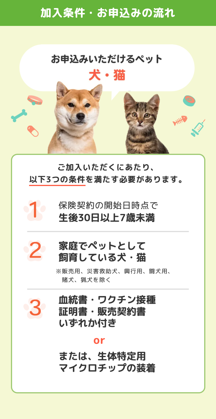•
加入条件 お申込みの流れ
お申込みいただけるペット
犬・猫
ご加入いただくにあたり、
以下3つの条件を満たす必要があります。
1
保険契約の開始日時点で
生後30日以上7歳未満
2 家庭でペットとして
飼育している犬・猫
※販売用、 災害救助犬、 興行用、闘犬用、
賭犬、猟犬を除く
血統書・ワクチン接種
3
証明書・販売契約書
いずれか付き
or
または、 生体特定用
マイクロチップの装着