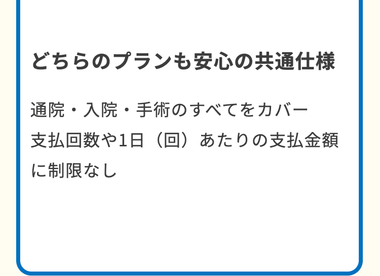 どちらのプランも安心の共通仕様
通院・入院・手術のすべてをカバー
支払回数や1日 (回) あたりの支払金額
に制限なし