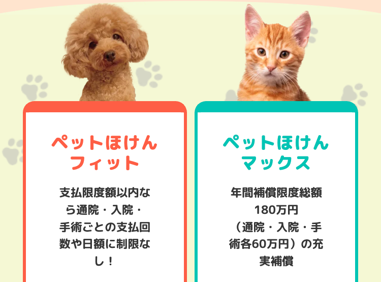 ペットほけん
フィット
ペットほけん
マックス
支払限度額以内な
ら通院・入院・
手術ごとの支払回
数や日額に制限な
し!
年間補償限度総額
180万円
(通院・入院・手
各60万円)の充
実補償